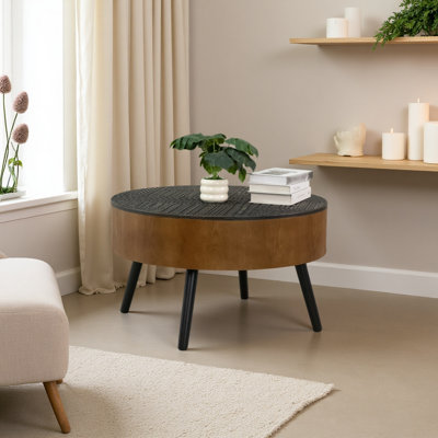 Table basse 31,5 pouces ronde sculptée avec espace de rangement, table basse en bois de style Mid-Century moderne, conception à quatre pieds, hauteur de 18 pouces