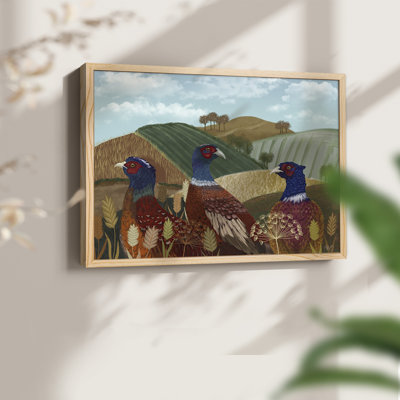 Trio de faisans dans un champ - Reproduction encadrée - Restickable