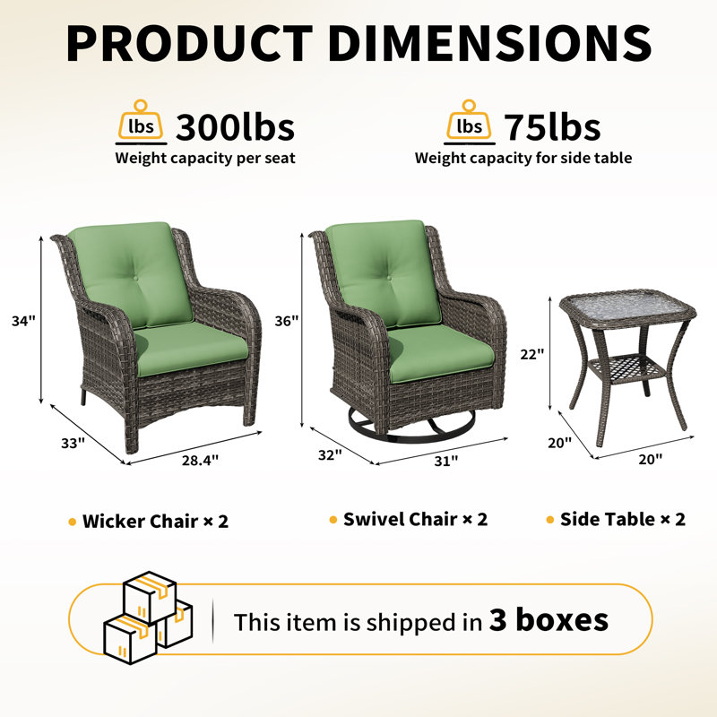 6-Piece Outdoor Wicker Swivel Rocker Patio Conversation Set With Glass-Top Side Tables & Cushions, All-Weather PE Rattan Furniture For Backyard, Porch, Deck