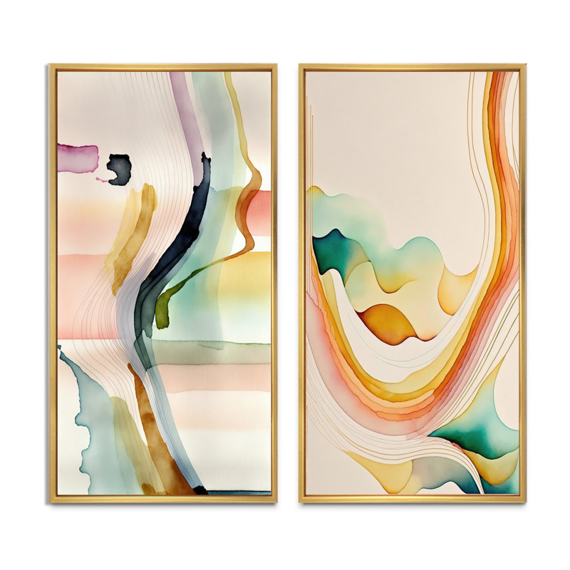 «Multi-Color Abstract Waves», 2 pièces sur toile, H 32 po x l 32 po, Encadrement brun