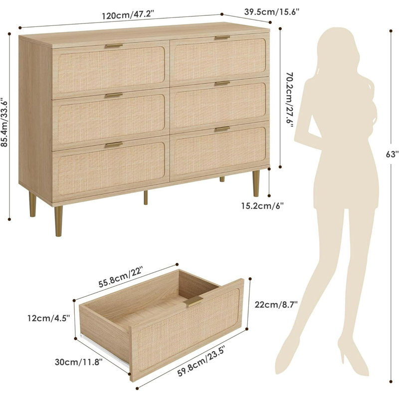 Commode 6 tiroirs Rattan, Jaune