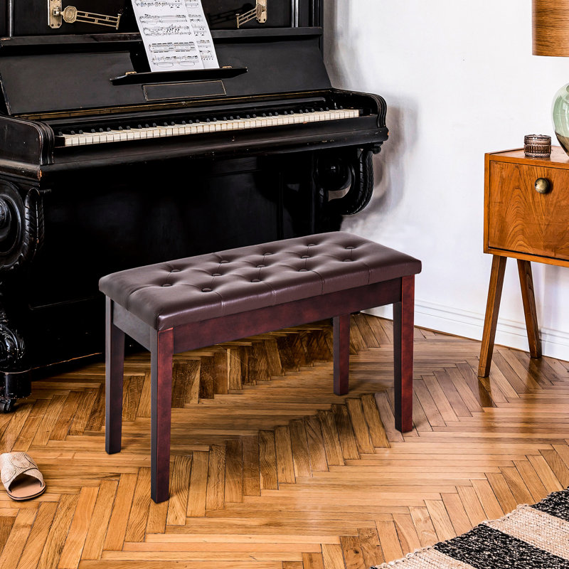 Faux Leather Padded Keyboard Bench In Brown, Supported By Wooden Construction For Duets Duet Piano Bench, Brown Color, Built With Frame