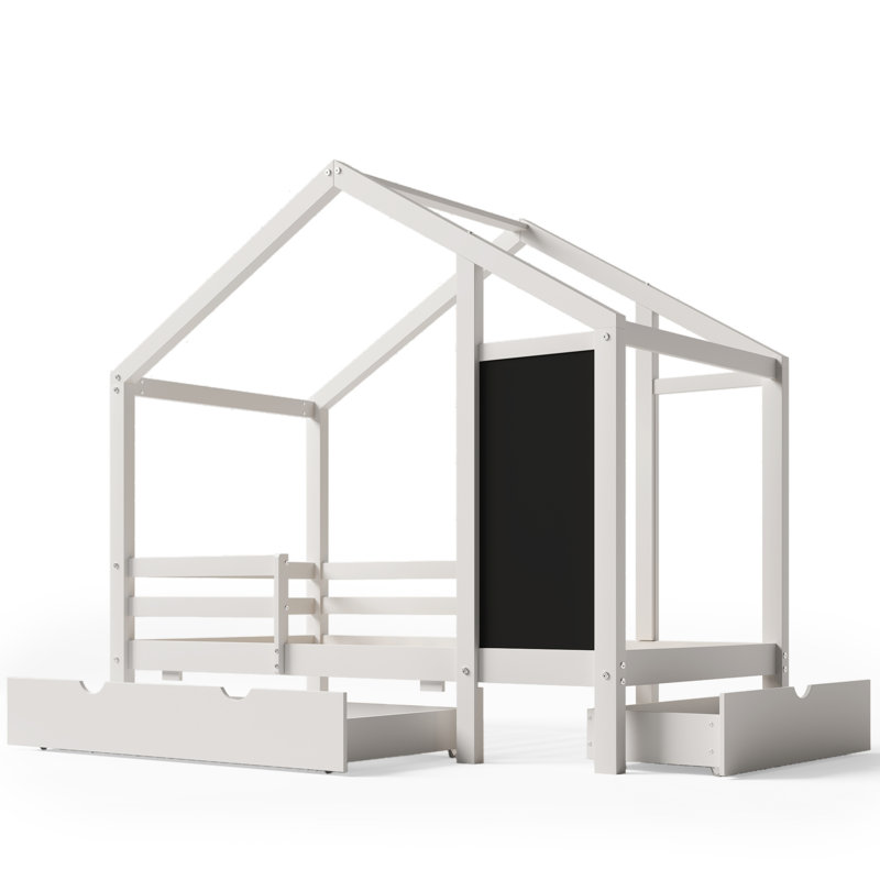 Lit simple avec tableau noir et tiroirs, deux options d'assemblage, blanc