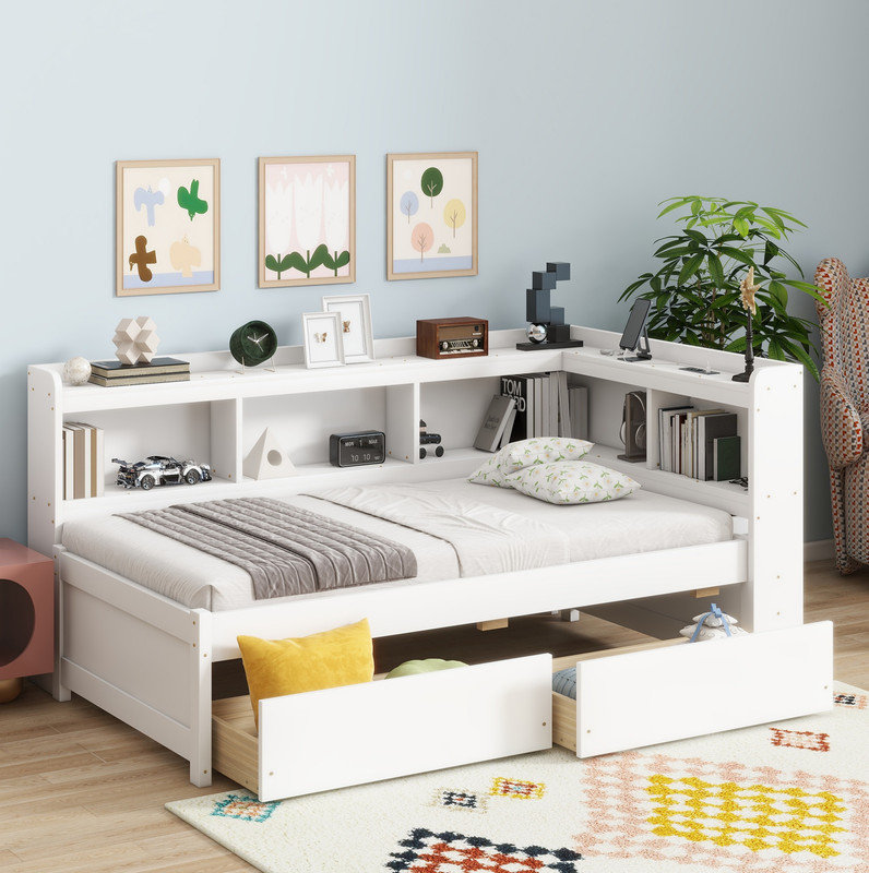 Lit simple en forme de L avec bibliothèques avec prises de courant, ports de chargement USB, deux tiroirs, blanc