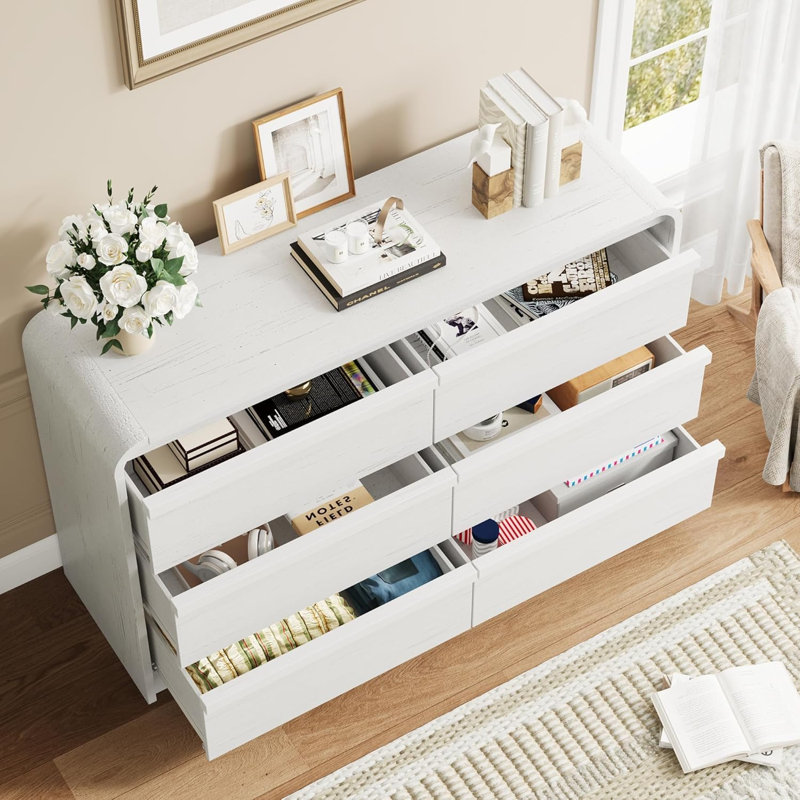 Antique White 6-Drawer Curved TV Stand, PB Farmhouse Media Console with Wood Handles & Side Storage Compartments, White