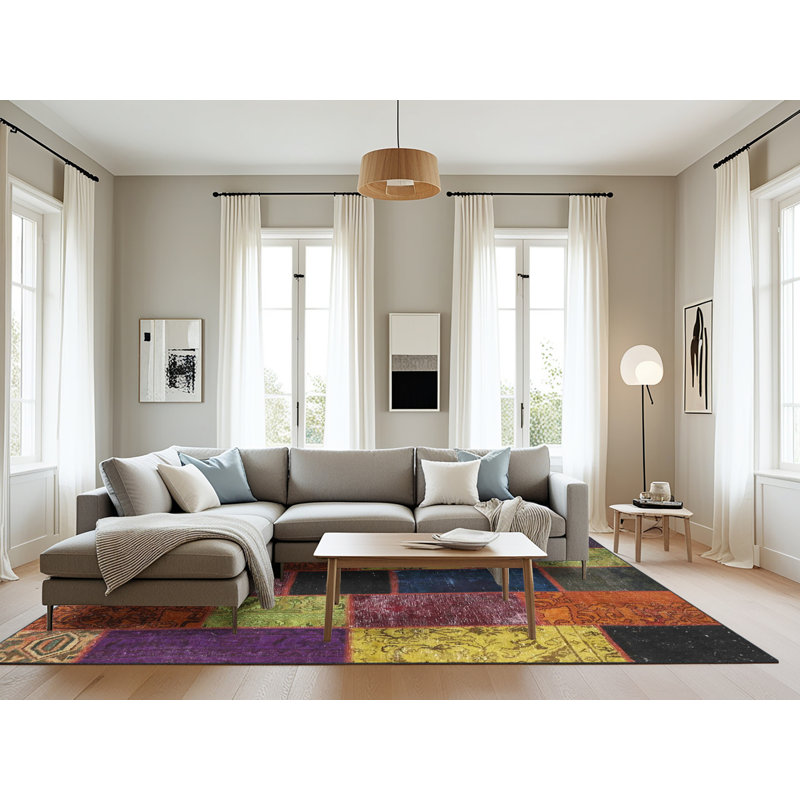 Tapis contemporaine jaune/bleu/rose, Rectangle 8 pi x 12 pi