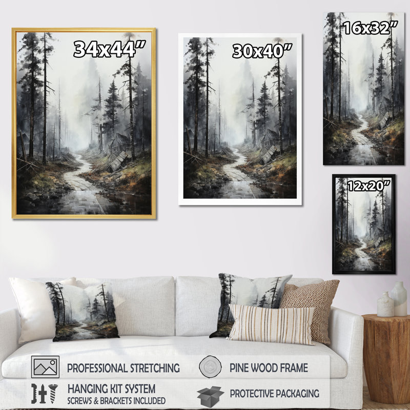 Méandre sur la route Thorugh Forest - route, art mural sur toile, H 40 po x l 30 po x P 1,5 po, Cadre flottant doré
