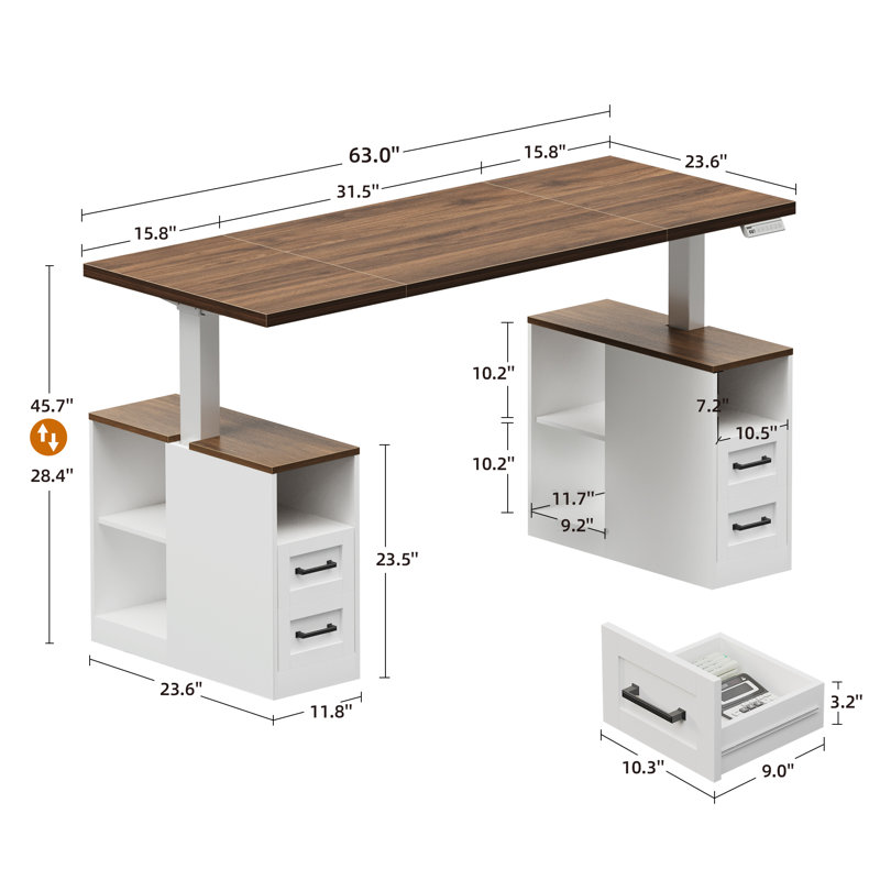 Bureau debout à hauteur ajustable Marina de 63 pouces, poste de travail d'ordinateur de ferme avec tiroirs et tablettes de rangement, blanc noyer