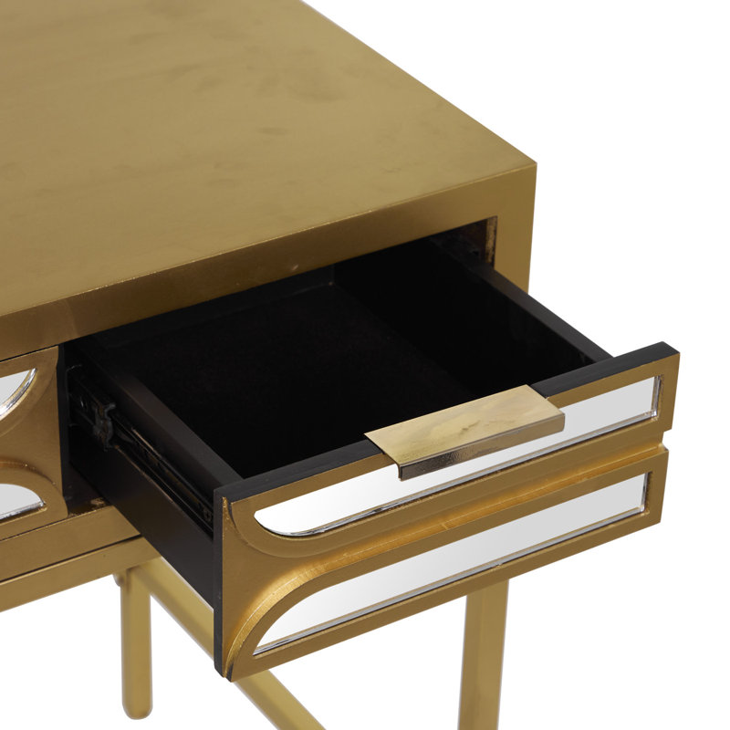 Bureau 3 tiroirs en bois avec façade en miroir et prise Thetisa, Or