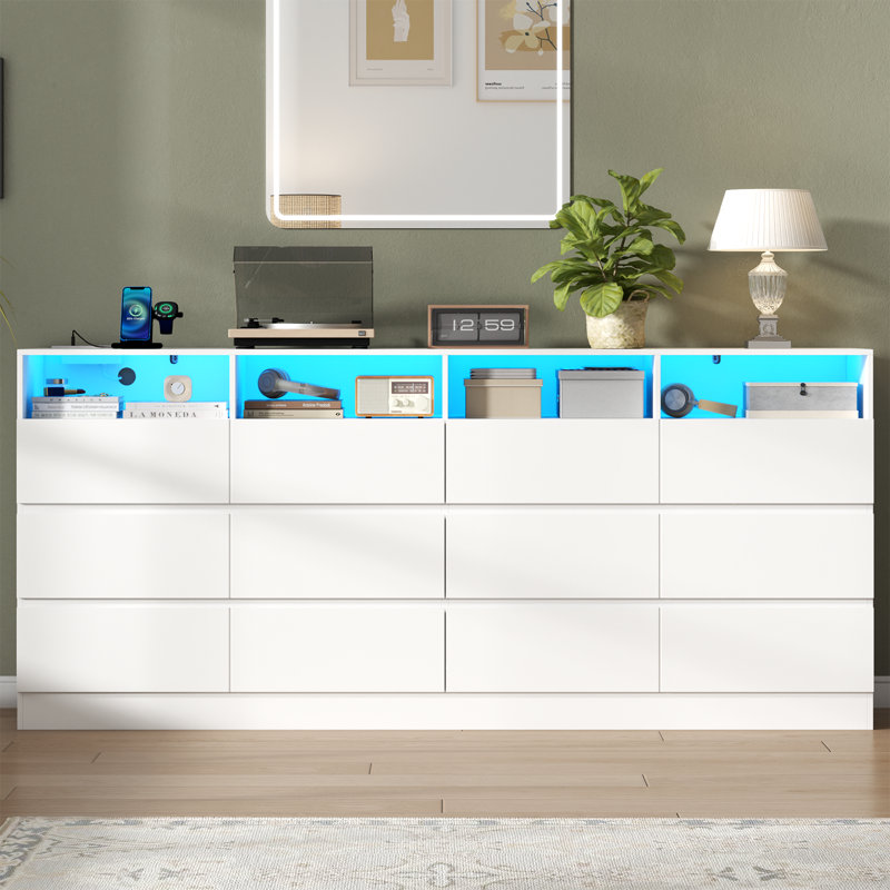 Wrought Studio™ 12-Cell Divided Drawer Dresser With Charging Station & Led Lights For Bedroom, Long 63" Quadruple Wide Dresser TV Stand For Tvs Up To 75", Large Dressers Organizer With 4 Open Cubbies For Room