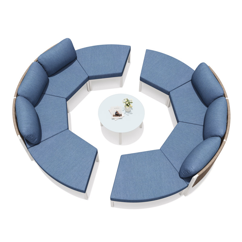 Ensemble de canapé modulaire d'extérieur en aluminium avec table Sunbrella, Blue, White