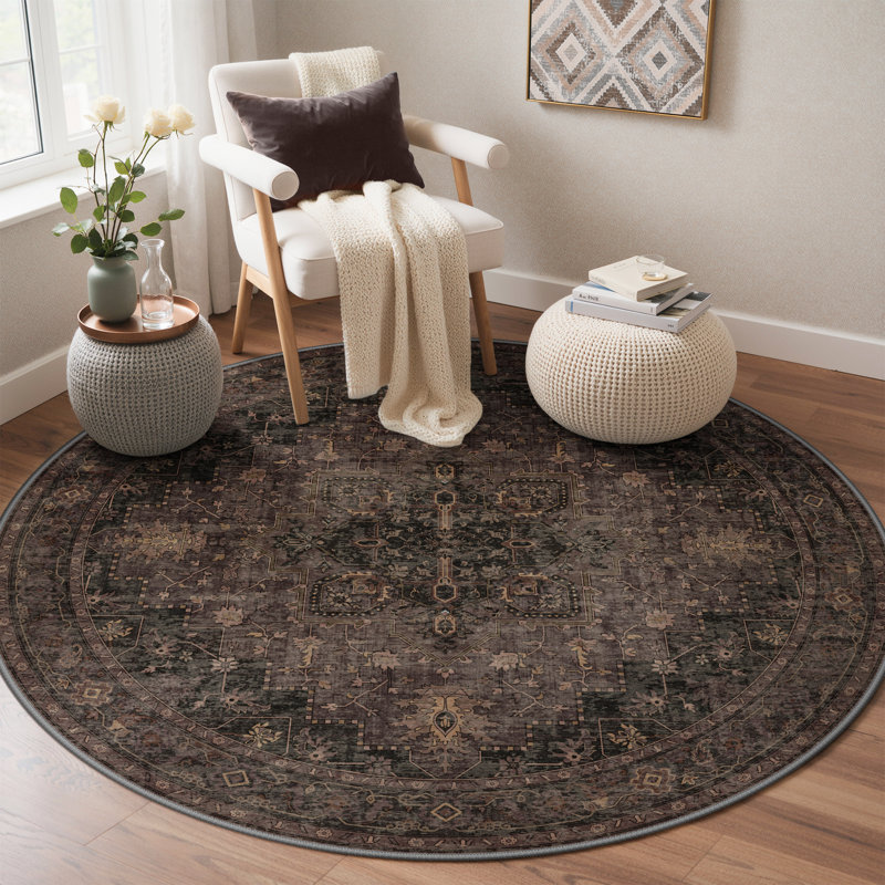 Tiyler Oriental Performance Charcoal / Chocolate 5' Round Rug, Machine Washable, Round 5'