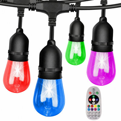 48FT 15-Bulb Plug-In Outdoor Colour Changing LED String Lights Shatterproof & Remote Control, Linkable 