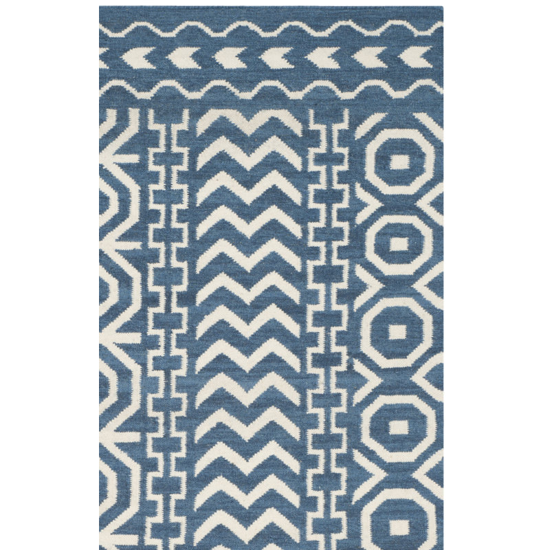 Rodgers Hand Woven Flat Weave Wool/Cotton Geometric Rug in Dark Blue/Ivory, Runner 2'6" x 10'