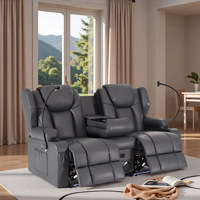 Reclining Loveseat, Leather Double Recliner Sofa With Side Pocket, zero clearance recliner  Loveseat Recliner For Living Room, RV, Home Theater