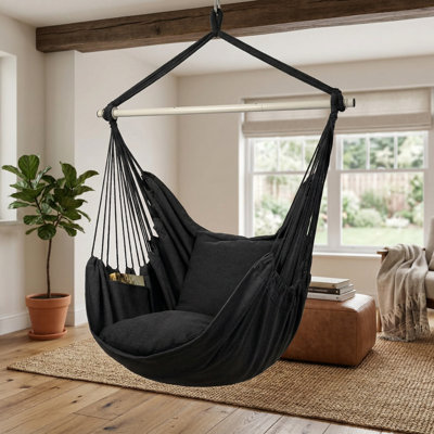 Hammock Chair Hanging Rope Swing Chair, Max 500 Lbs, 2 Seat Cushions Included, Removable Steel Spreader Bar With Anti-Slip Rings, Hardware Kit For Indoor Outdoor(Dark Grey)