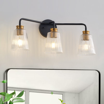 3-Light E26 Black & Brass Metal Vanity Light with Glass Shades, Dimmable, UL Listed