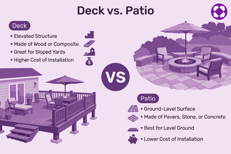 Deck vs. patio comparison infographic, including structure type, materials used, and installation costs
