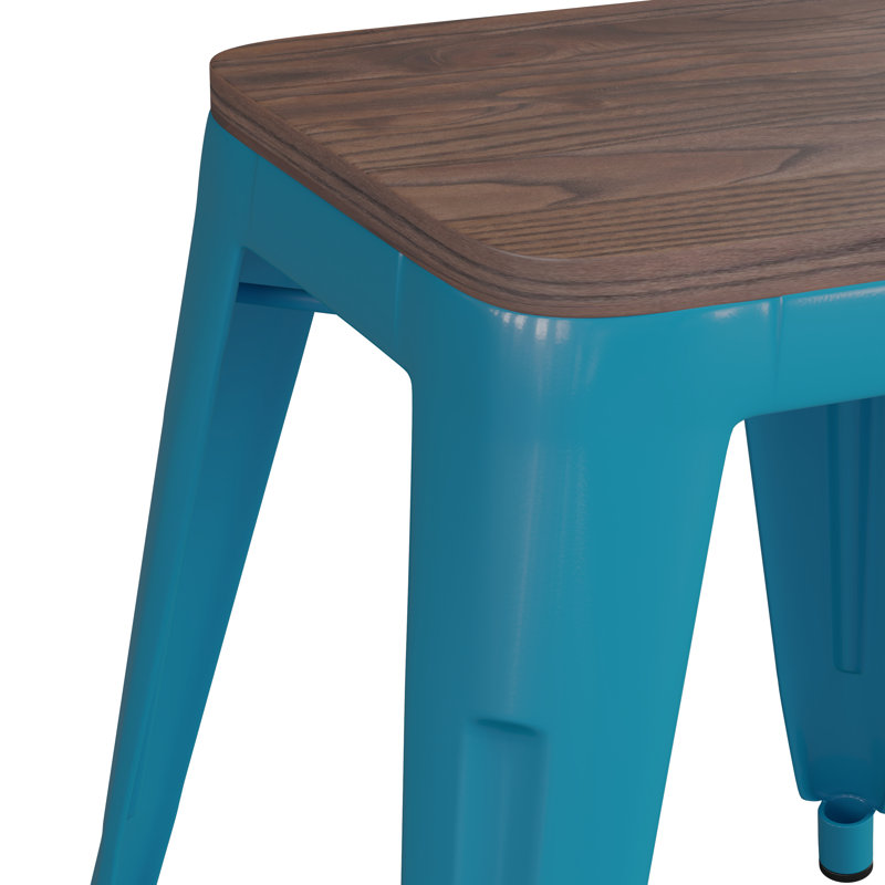 Tabouret de table intérieur en métal empilable de 18 po avec siège en bois Alsadig, Bleu clair