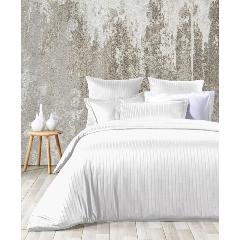 Ensemble de housse de couette double en satin Luxurious, 100% coton, blanc | Comprend une housse de couette (78,7 x 86,6 po), un drap plat (94,5 x 102,4 po), 2 taies d'oreiller (19,7 x 27,6 po et 27,6 x 27,6 po) | Conception en jacquard, contexture de 210 fils, lavable à la machine