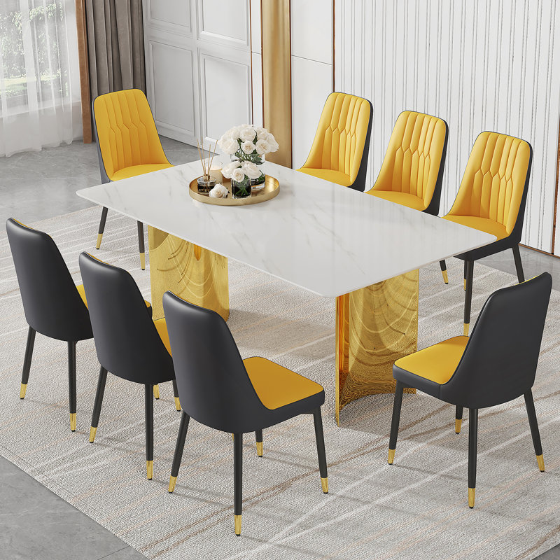 Ensemble de table de salle à manger 9 pièces, table avec plateau en verre et pieds en acier inoxydable et 8 chaises de salle à manger