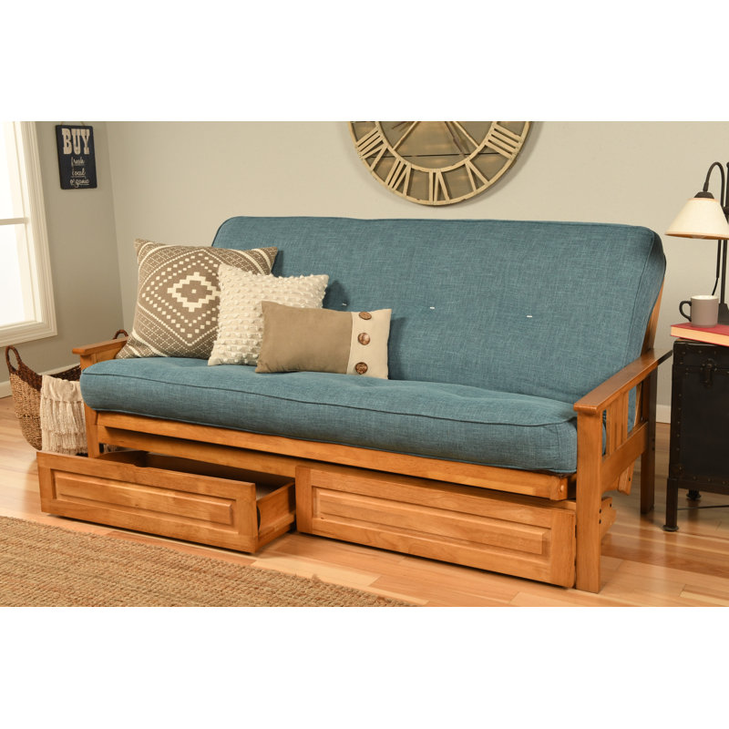 Le cadre de futon double Stratford comprend des tiroirs de rangement et un matelas, Noyer cendré, Lin turquoise, Innerspring