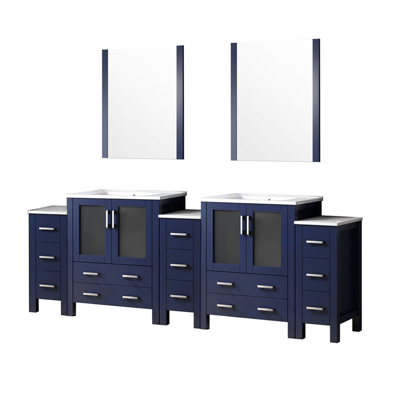 Meuble-lavabo double bleu marine, 96 po Largeur, profondeur de 17,98 po, plateau en céramique blanche, 28 miroirs, mécanisme de fermeture en douceur, meuble-lavabo avec teinture bleu, P, comptoir, tiroirs, durabilité à long terme