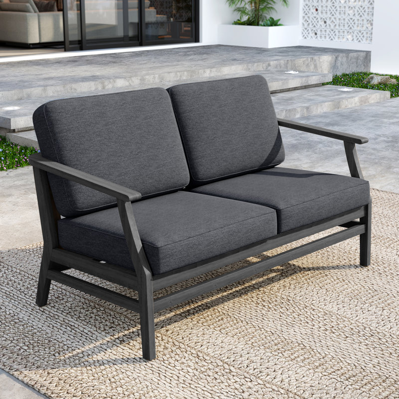 Clinkscales Solid Wood Teak Outdoor Loveseat With Cushion And Arms, Dark Gray, Black
