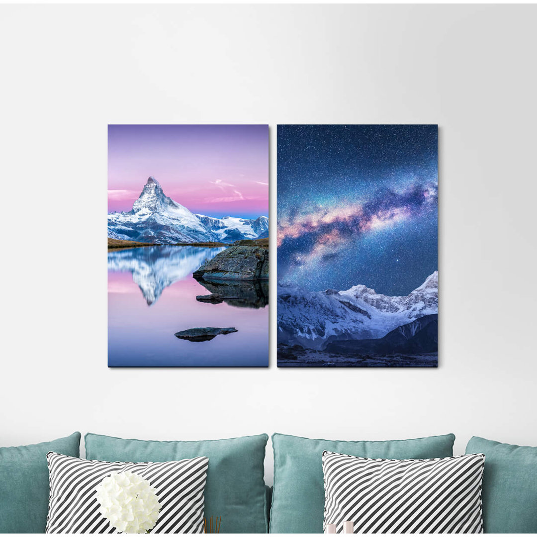 2-tlg. Leinwandbilder-Set - Grafikdruck "Berggipfel Schnee Berglandschaft Himalaya-Blau-Gebirge"