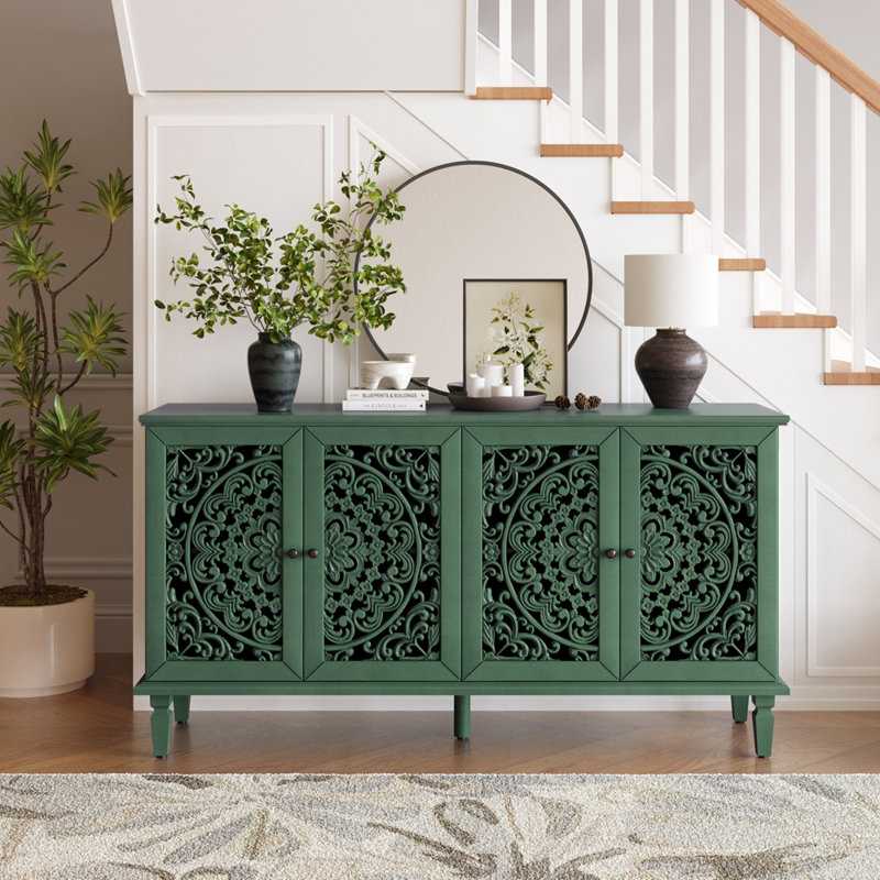60" Buffet Cabinet with Floral Carvings and Solid Wood Legs, Antique Green
