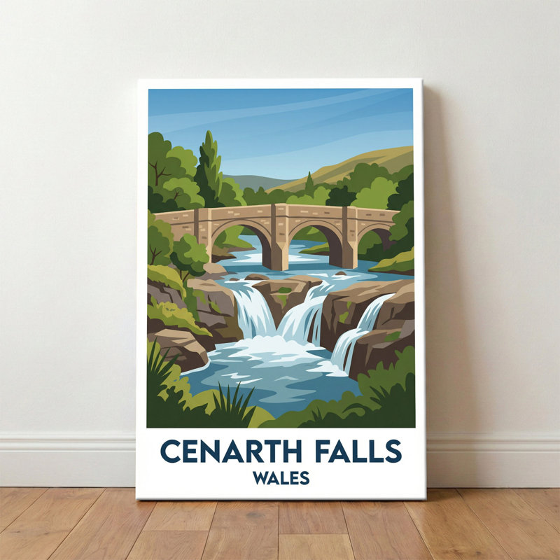 Cenarth Falls, Wales - Romantic Waterfall And Stone Bridge Travel Poster. Giclee Print On Wrapped Canvas. Wall Art, Home Decor - Natural Landmarks, Wales - Wrapped Canvas Print