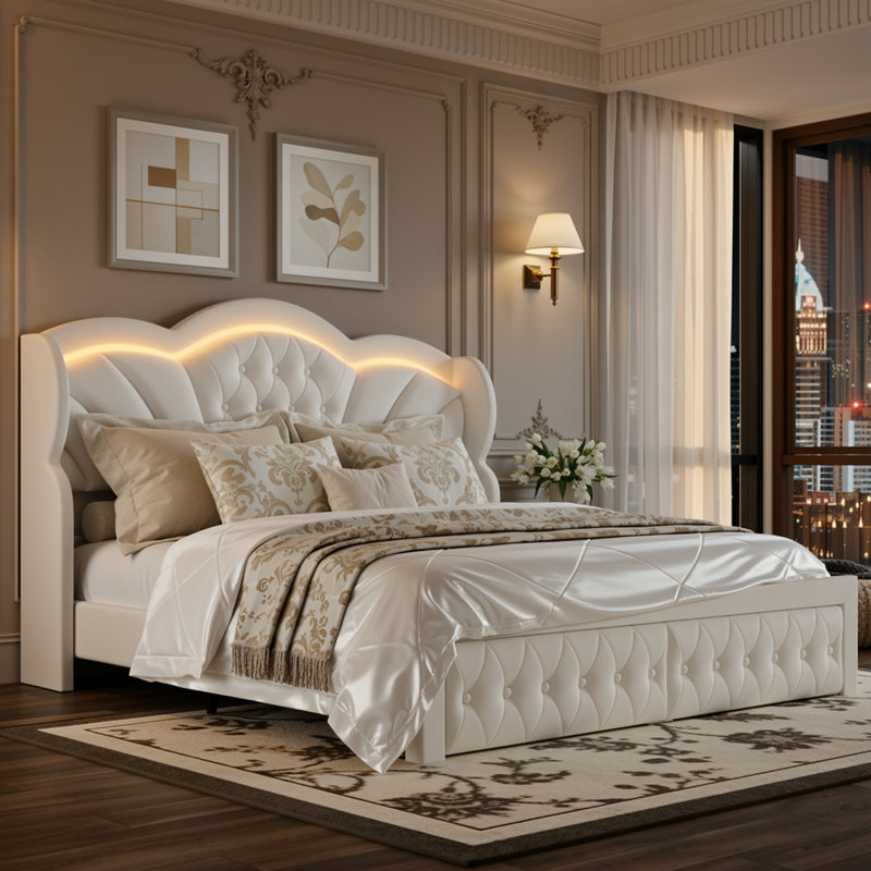 ON SALE 3-Piece Bedroom Sets, Velvet Upholstered Wingback Bed With LED Headboard And Storage Drawers, 2 3-Drawer Nightstands With Charging Port