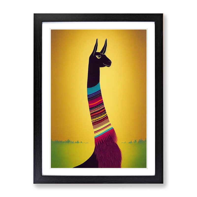 Llama Painting Retro Art - Picture Frame Print, Black, 64cm H x 46cm W x 2cm D