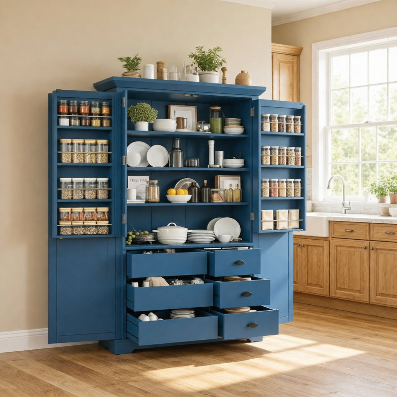Garde-manger de style Shaker de 42 po x 20 po x 72 po avec tiroirs, armoire de rangement autoportante avec tablettes de porte, tablettes réglables et plateaux coulissants, bleu