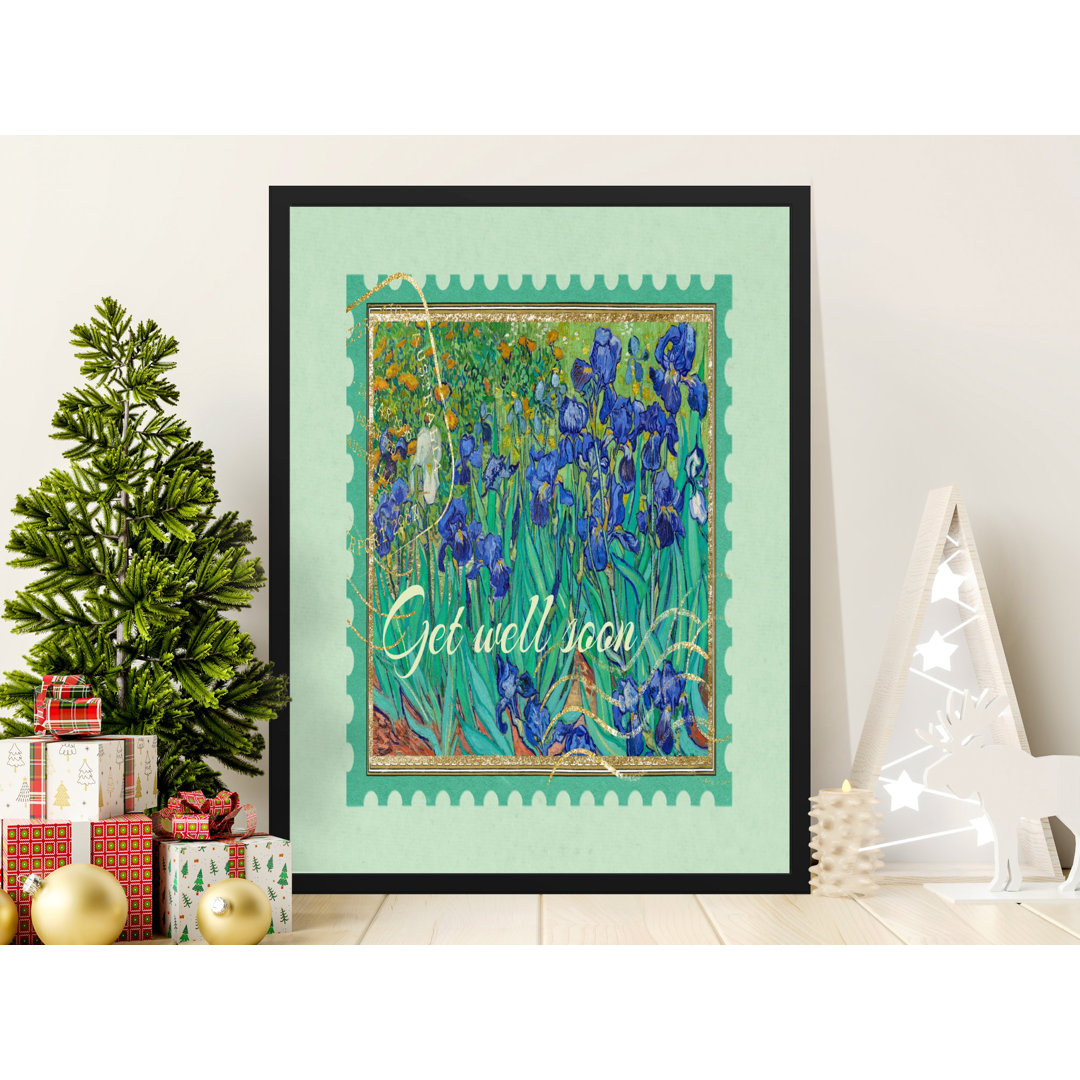 Get Well Soon Vintage Stamp With Irises Inspiring Art Framed Poster
