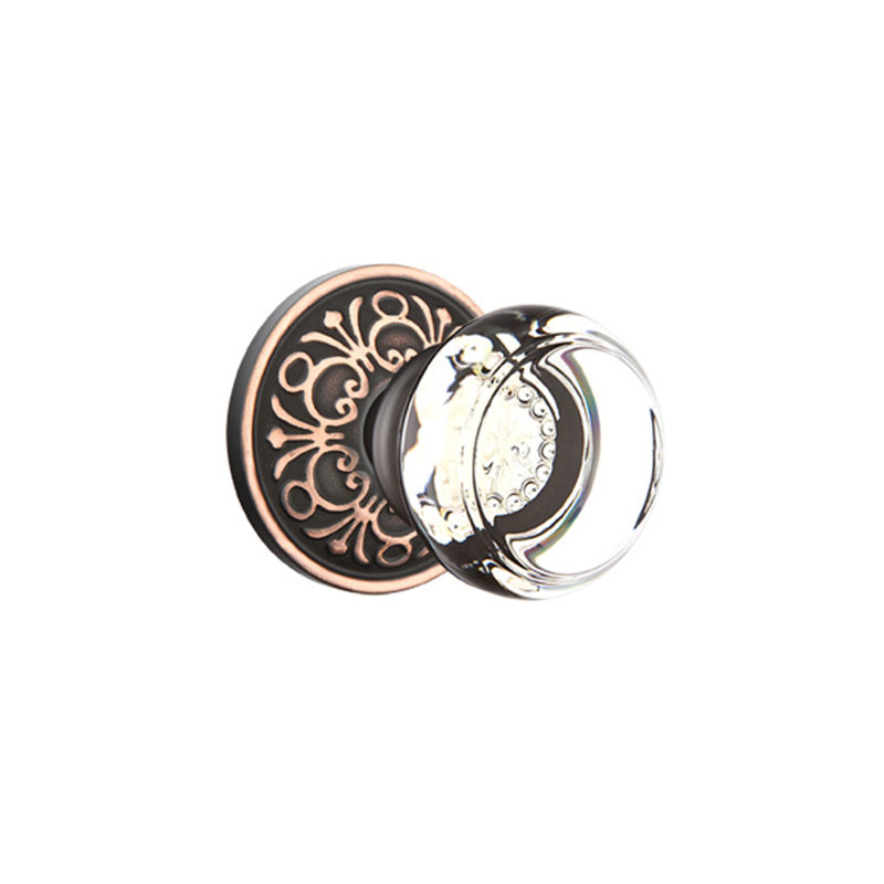 Ensemble de boutons de passage Emtek avec rosette Lancaster et bouton en verre Georgetown, Bronze frotté à l'huile