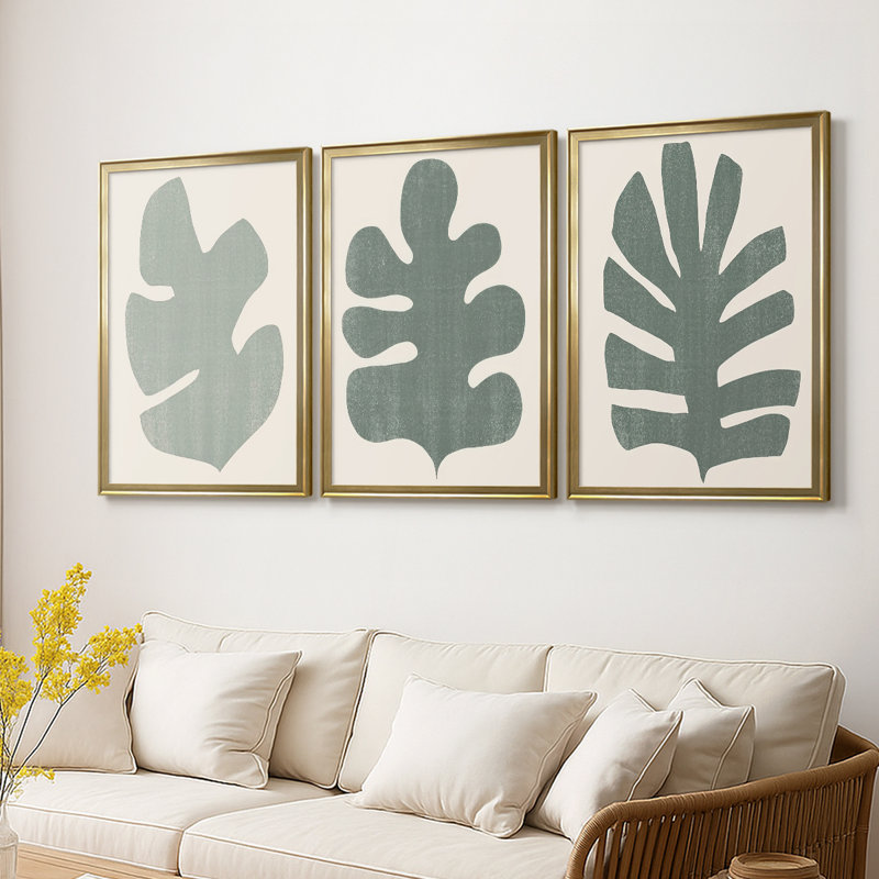 Palm Morph I - Toile tendue avec châssis sur mesure - 3 pièces, H 27 po x l 57 po, Doré