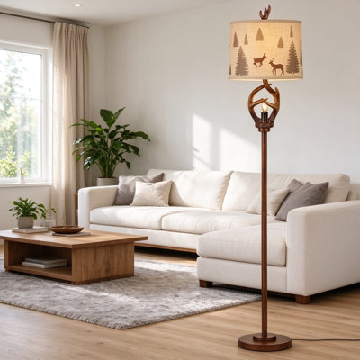 Lampe sur pied rétro en bois de cerf avec veilleuse, grande lampe campagnarde rustique avec abat-jour en lin, corps en bois de résine brun pour salon, bureau, ampoules incluses