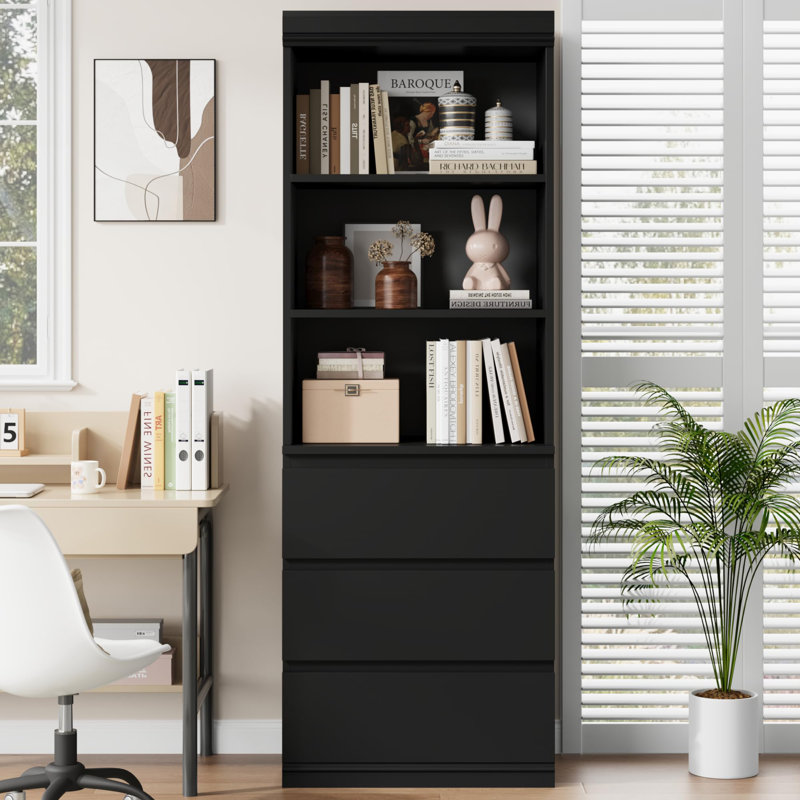 Grande bibliothèque industrielle avec portes et tiroirs, bibliothèque en bois à 5 niveaux, étagère de rangement en métal