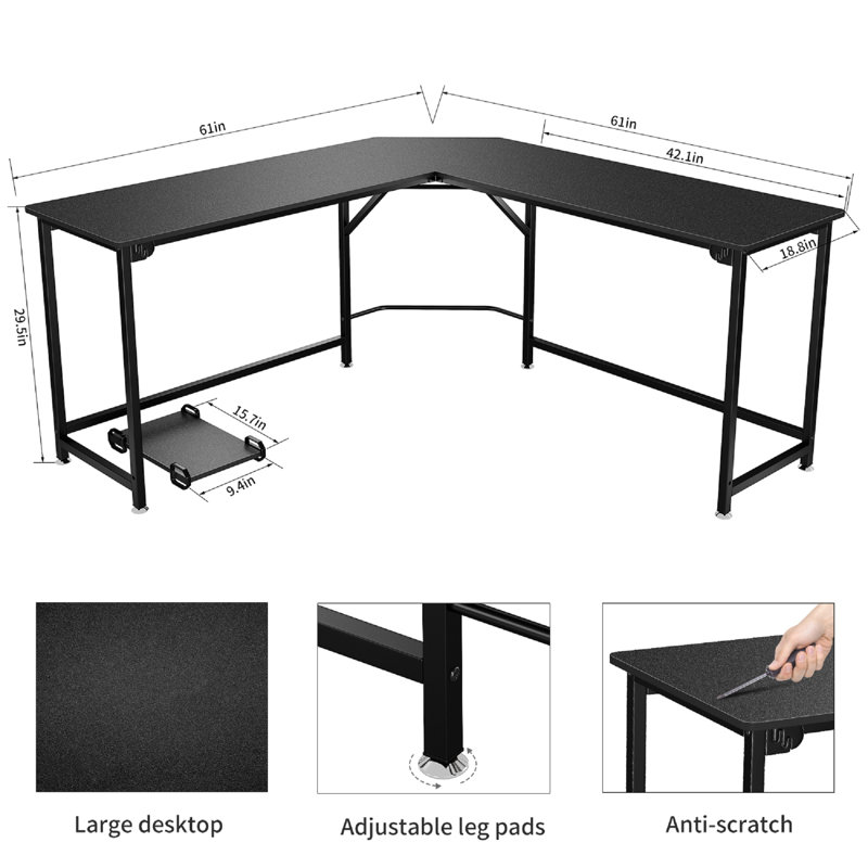 L-Shaped Metal Base Writing Desk, Black
