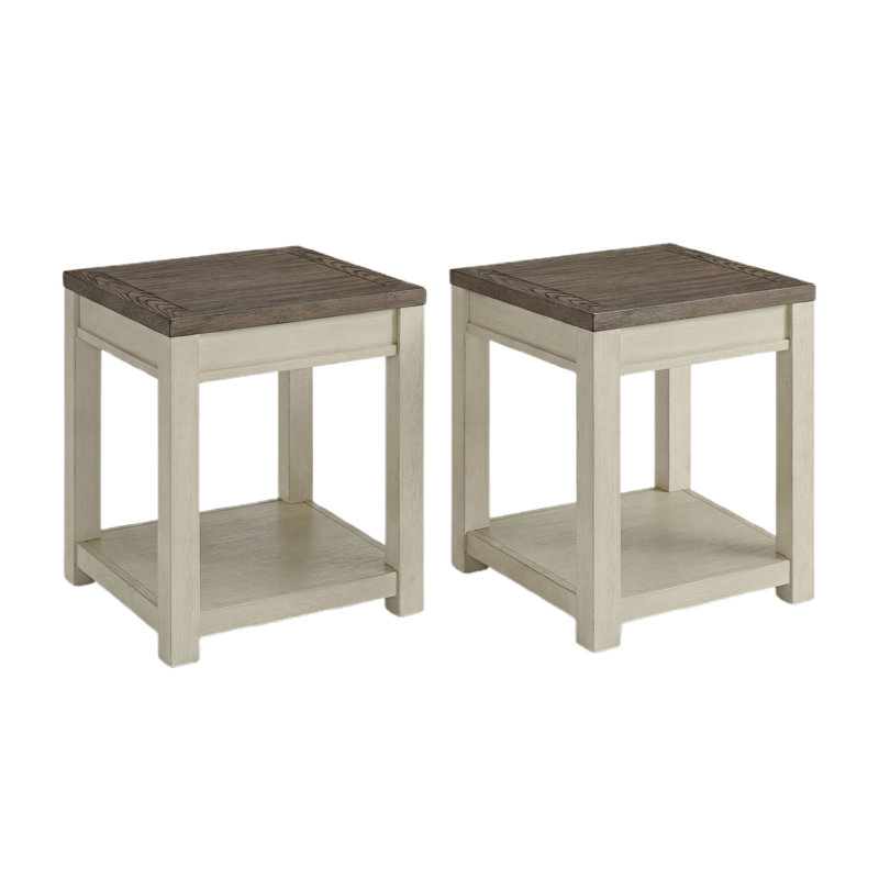  Tate Farmhouse Wood End Table with Shelf, Brown and Cream, 2 Pack