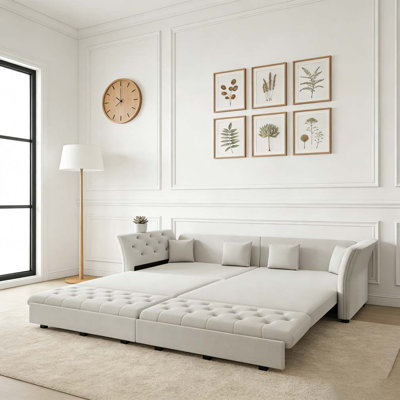 100" Oversize Pull Out Sofa Bed, Convertible Sleeper Sofa with Handmade Fabric Flower Tufted Design