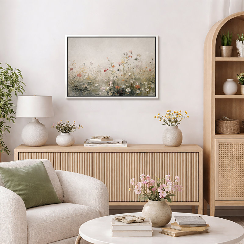 «Minimal Wildflower Meadow», art de chambre à coucher, impression sur toile encadrée, Cadre flottant blanc, H 24 po x l 36 po