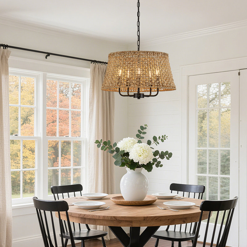 5-light Boho Farmhouse Hand-woven Rattan Chandelier, Matte Black