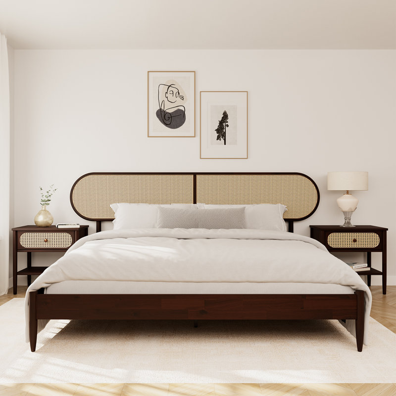 Solid Wood Bed Frame With Headboard Platform No Box Spring Needed Woven Rattan, Espresso, Queen