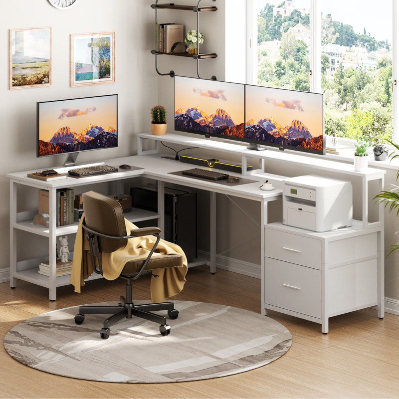 Kaedence L-Shaped Writing Desk, gaming desk with leds, office desk with outlets, 30" H x 67" W x 11" D, Gray/Black
