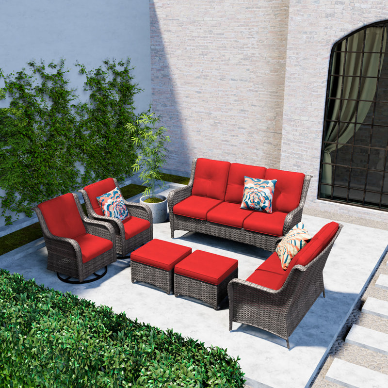 Ensemble de meubles de patio 6 pièces en osier avec coussin rouge 6 pièces, Rouge