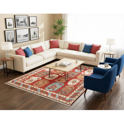 Tapis multicolore en laine noué à la main à motif cachemire tribal avec bordure décorative