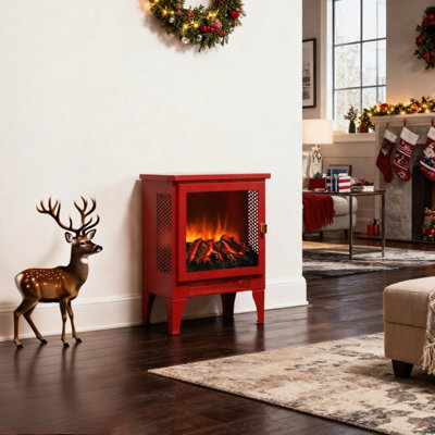 18 - Inch Freestanding Electric Fireplace In Red With 3D Flame Visual, Double Protection, 1400W/700W Heat, 5000 'S, 50000 Hours Led, Panoramic Design, Removable Base, Simple Controls Stove, Finish,