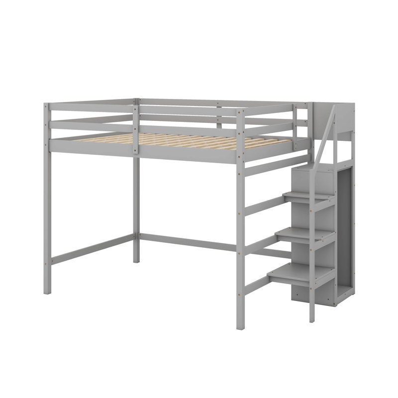 Lit mezzanine double avec garde-robe et escalier, gris